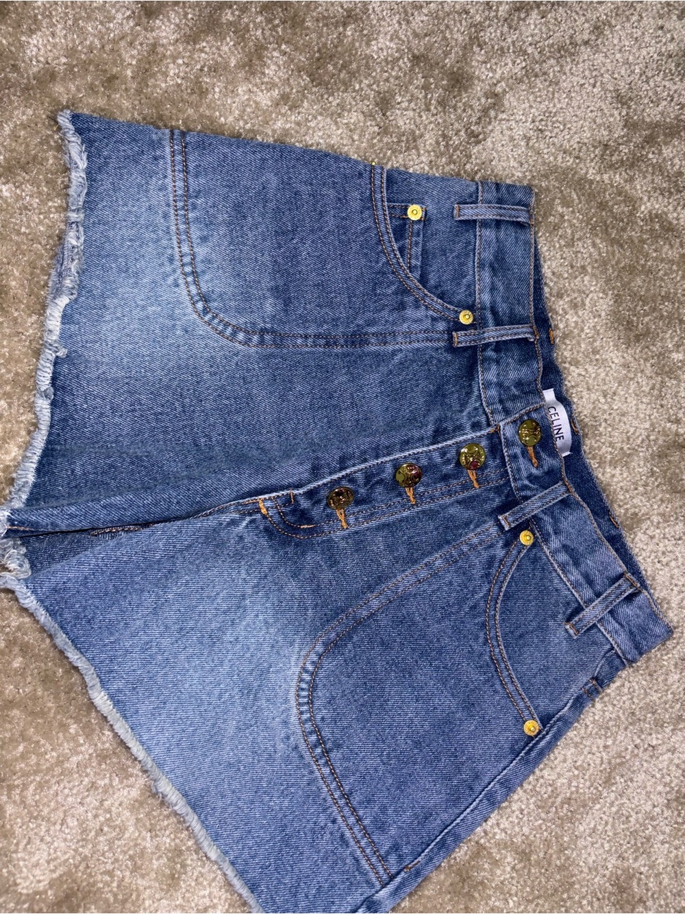 Celine Blue Frayed Hem Denim Shorts with Button Fly